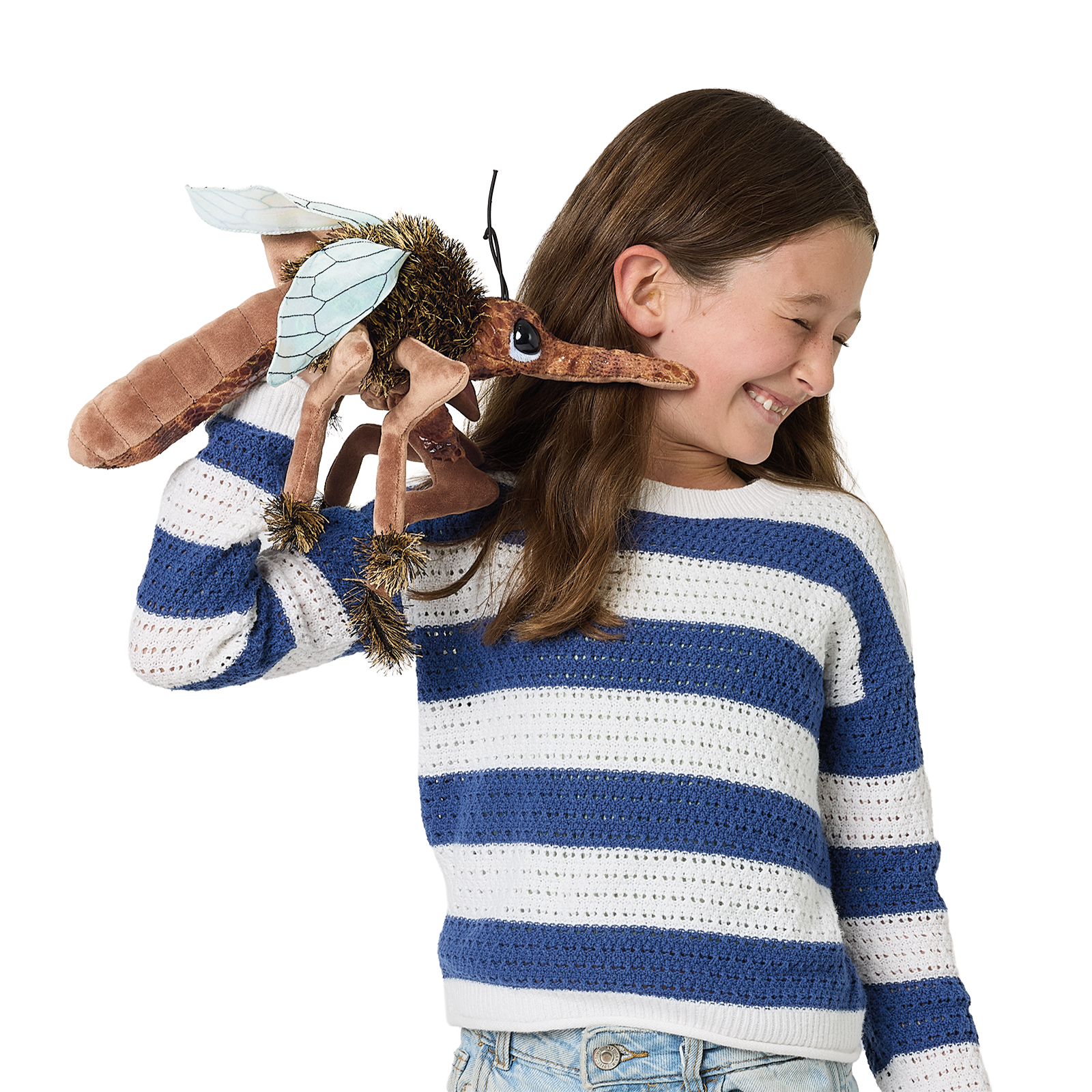 Folkmanis mosquito hand puppet with transparent wings and long proboscis, held on the shoulder of a smiling girl