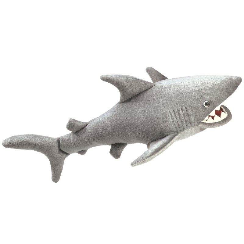 Folkmanis shark hand puppet made of grey plush in side view with open mouth and visible teeth