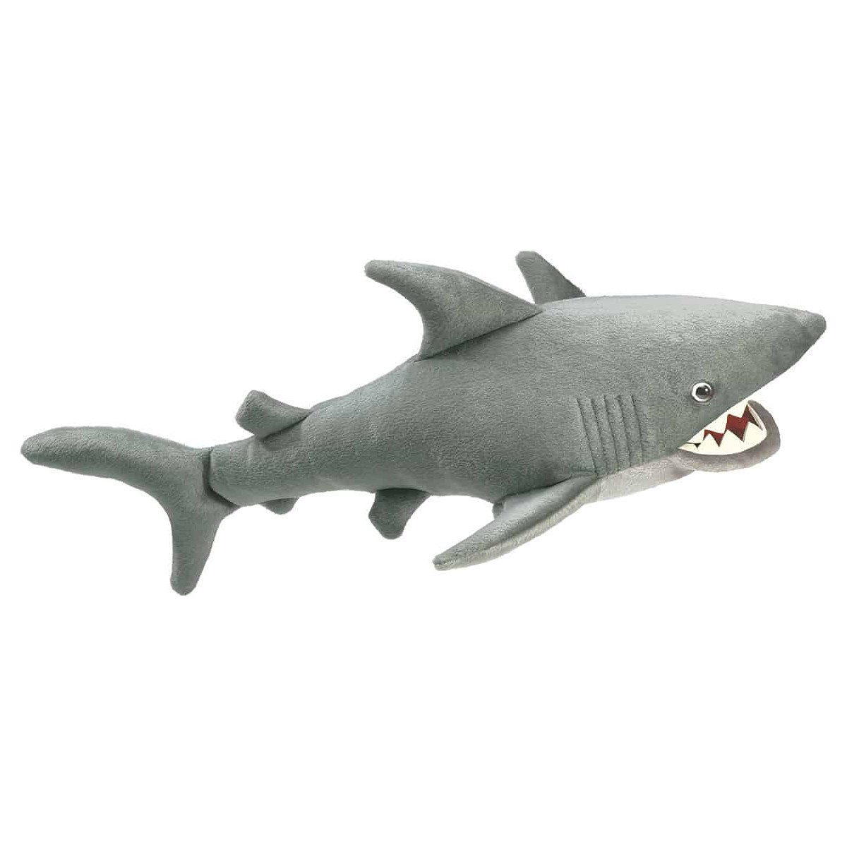 Folkmanis shark hand puppet made of grey plush in side view with open mouth and visible teeth