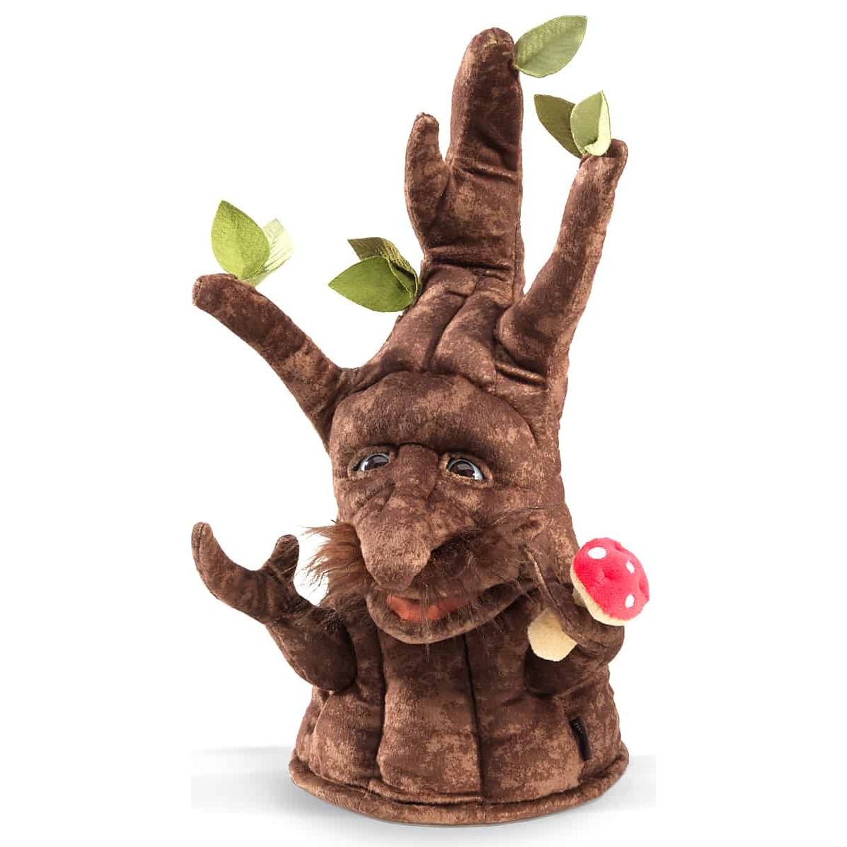 Folkmanis Enchanted Tree hand puppet in brown plush with a face, green fabric leaves and a red fly agaric mushroom, angled view