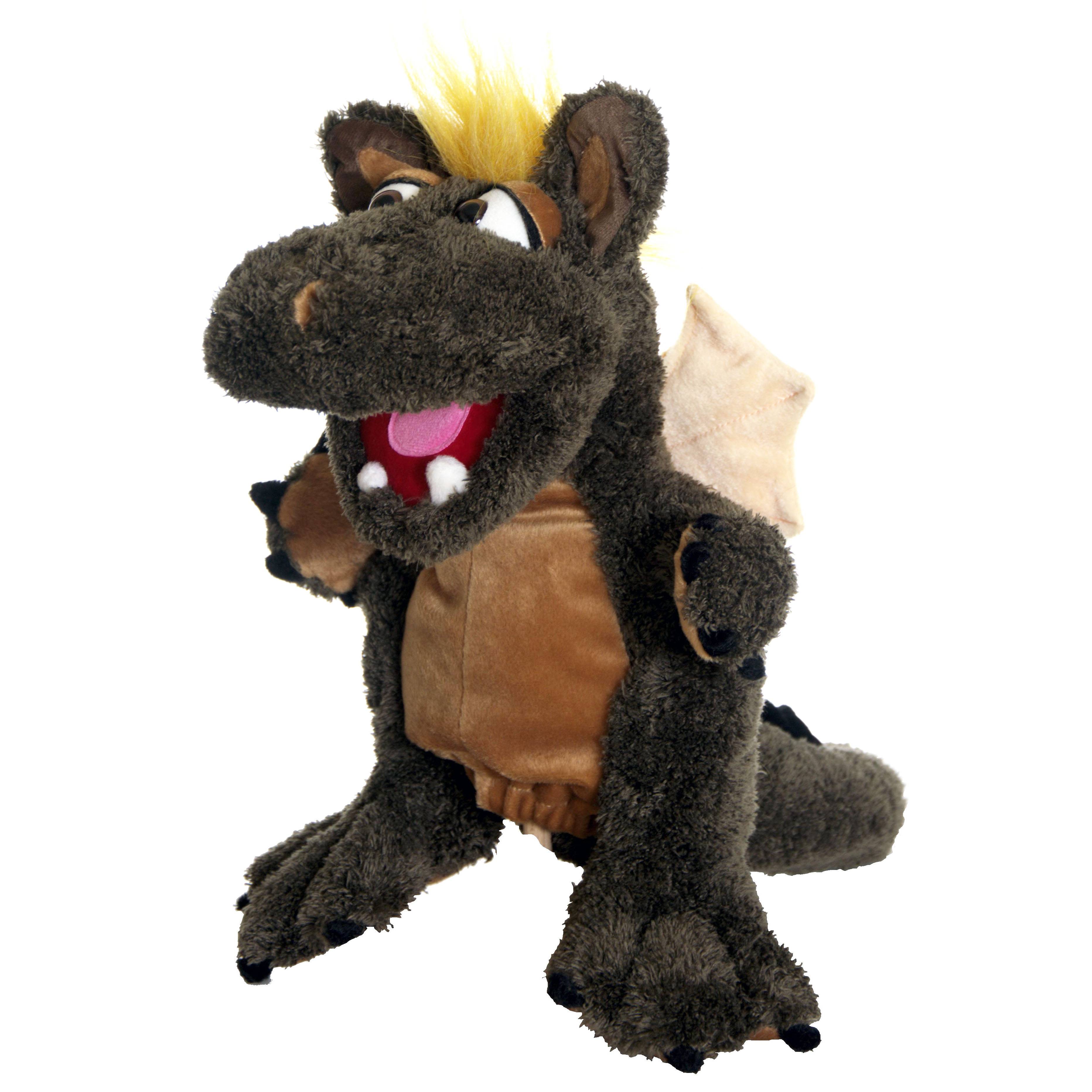 Living Puppets hand puppet Möbius the dragon in dark brown with blond tuft and open mouth