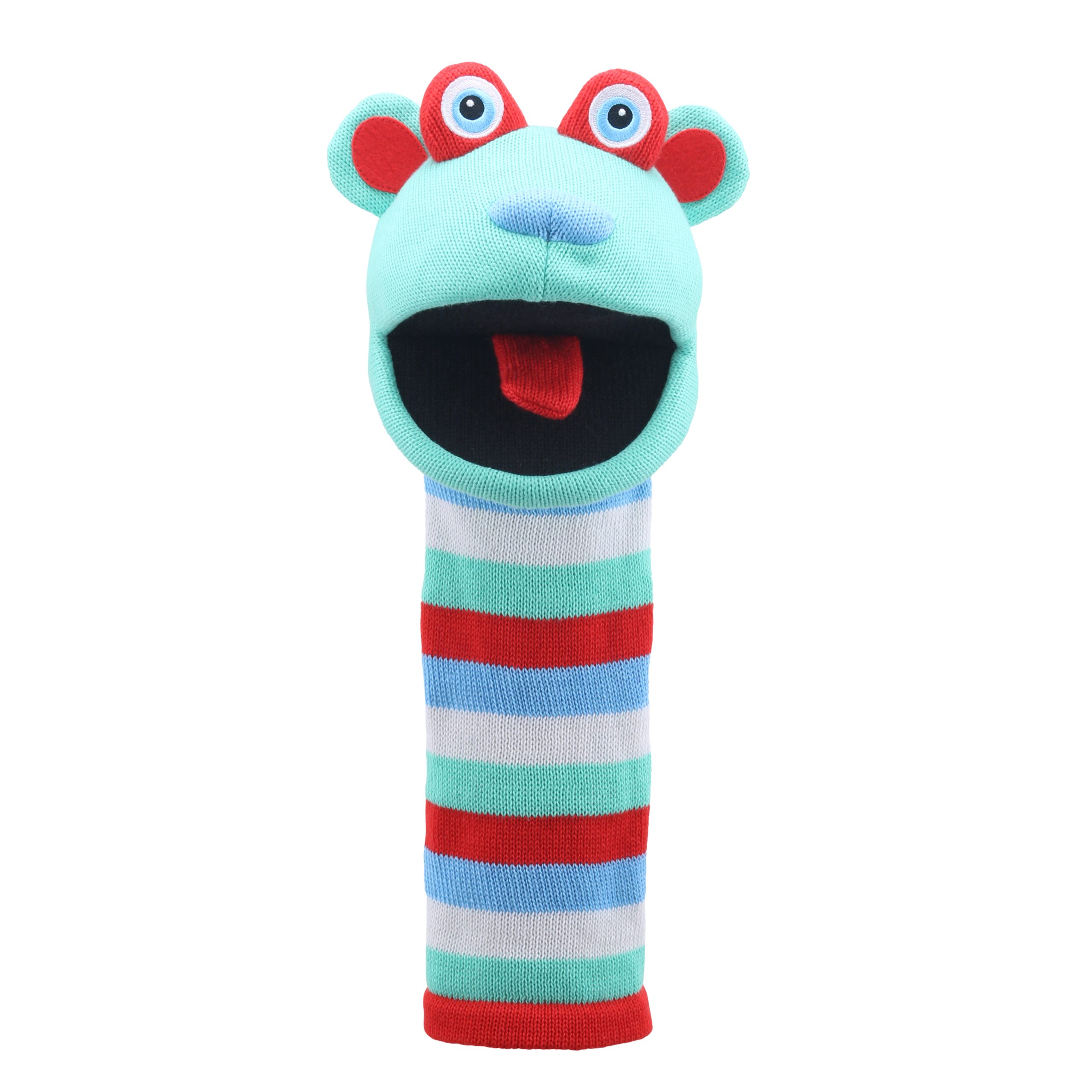 Puppet Company Hope monster sock puppet, mint green knitted character with red ears, blue nose, red tongue and red, blue and white striped body, front view