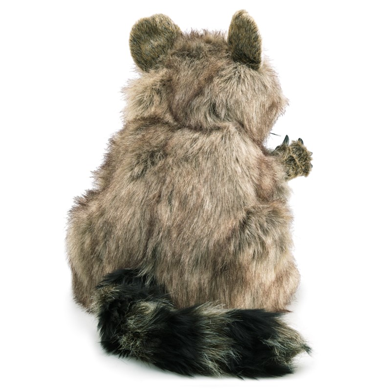Folkmanis raccoon hand puppet seen from behind, sitting, with grey-brown fur and a dark ringed tail