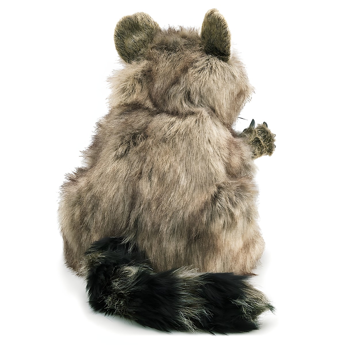 Folkmanis raccoon hand puppet seen from behind, sitting, with grey-brown fur and a dark ringed tail