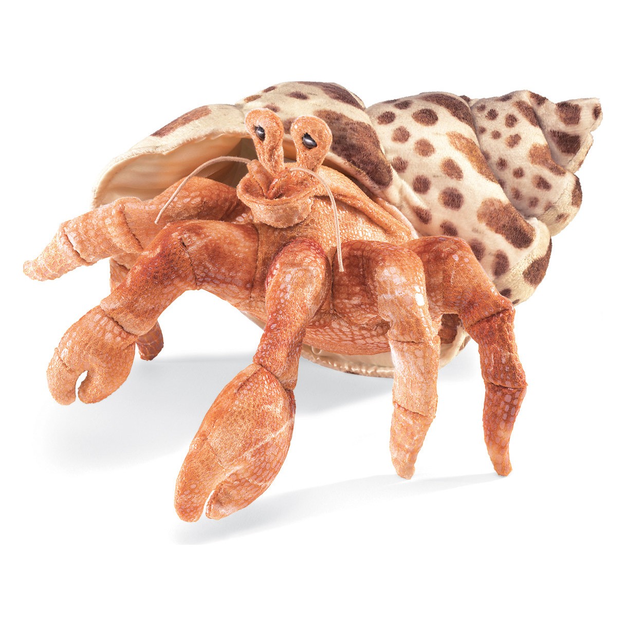 Folkmanis hermit crab hand puppet in rust brown with detailed texture and spotted shell, front view