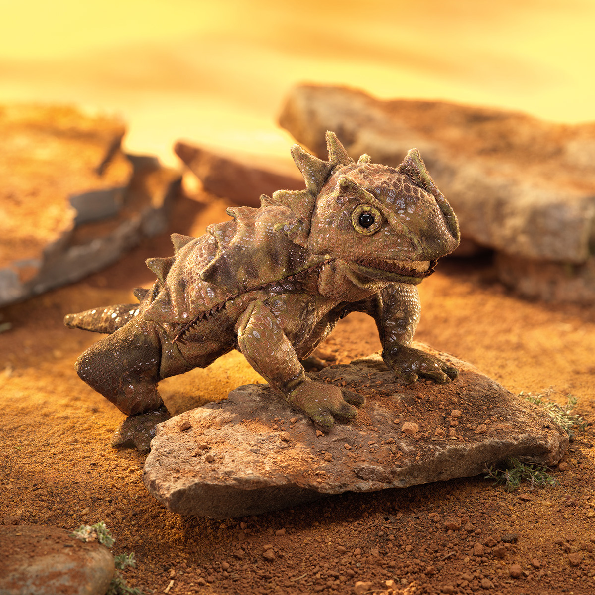 Folkmanis horned lizard hand puppet in brown-green with detailed scale texture and dorsal spines, posed on a rock against an orange desert background