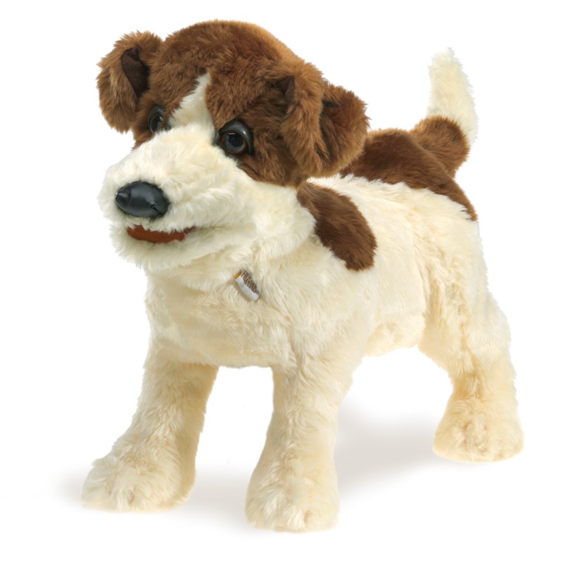 Folkmanis Jack Russell Terrier hand puppet, standing, cream fur with brown patches on head and back, angled view