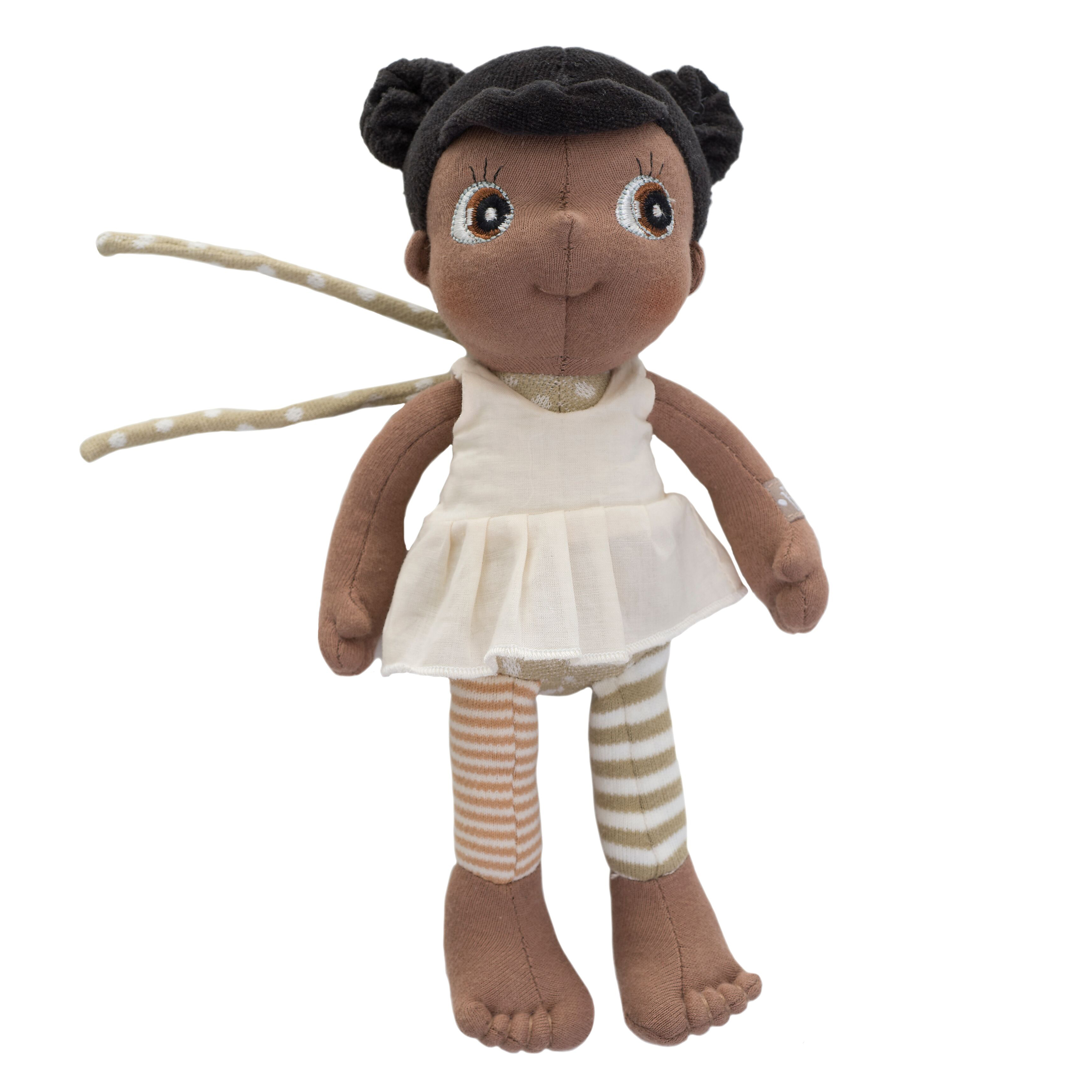 Rubens EcoBuds mini doll Flora with dark buns, white dress and striped leggings