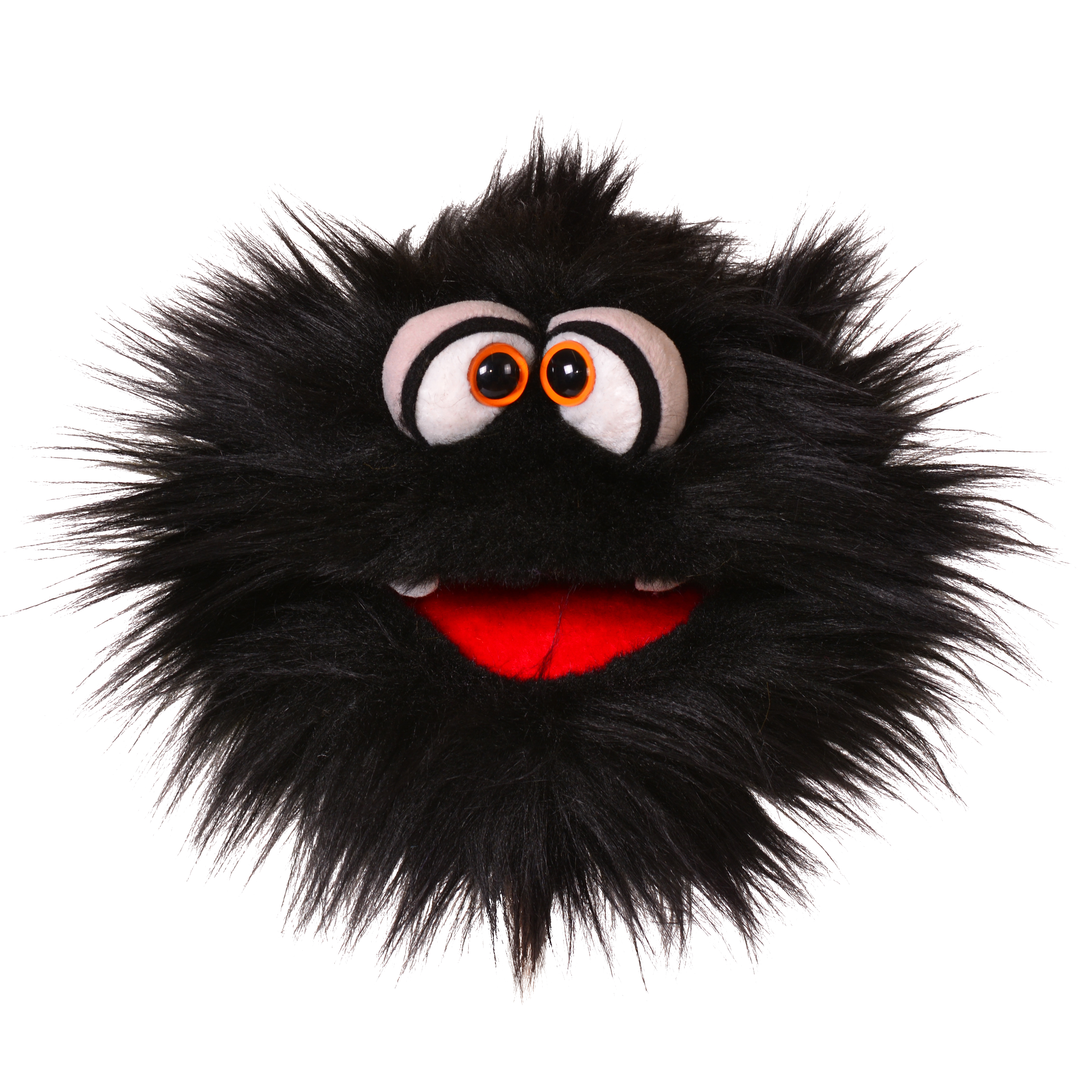 Living Puppets hand puppet Kladderadatsch, black shaggy monster with orange eyes and an open red mouth, front view