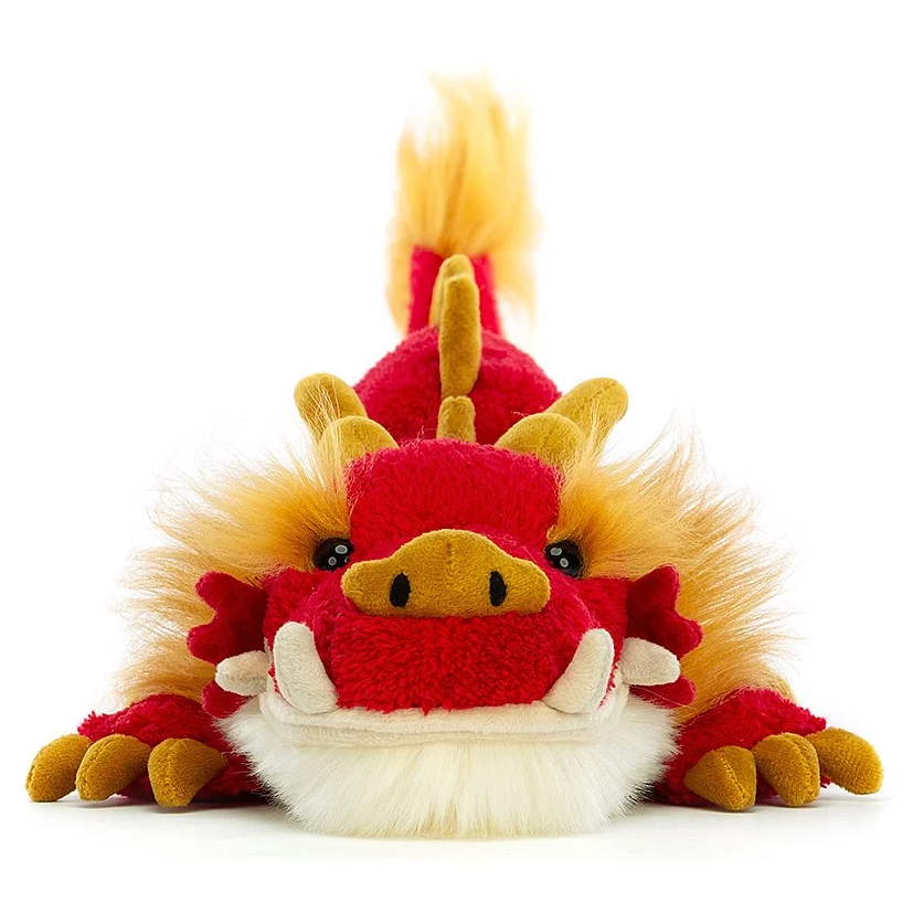 Jellycat plush toy Festival Dragon, front view of the head with a white beard and golden mane