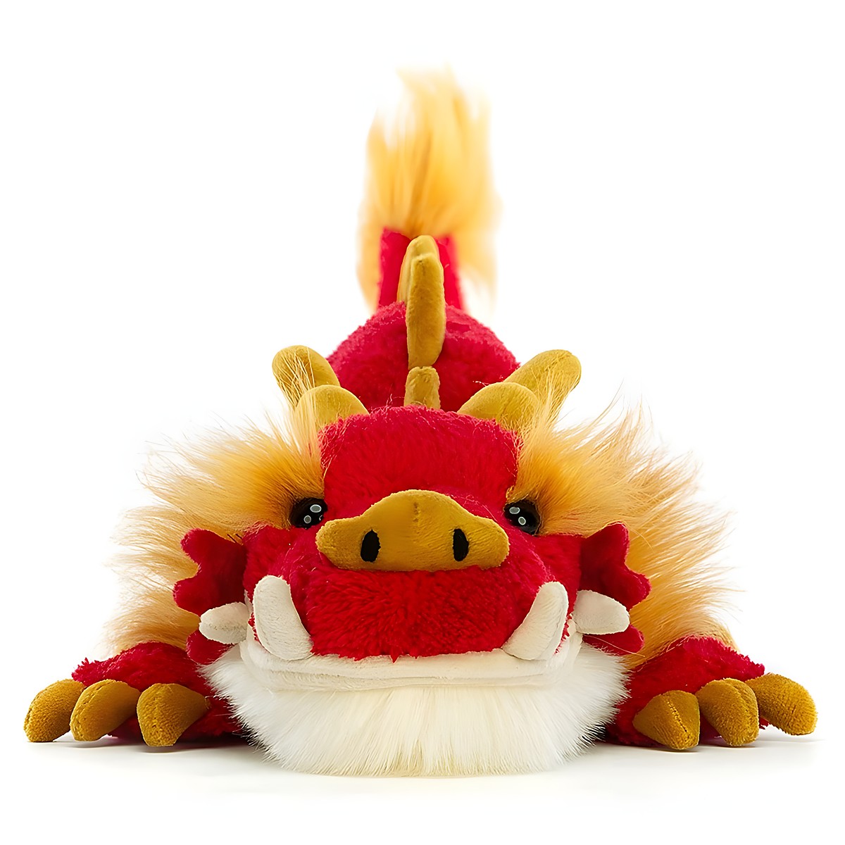 Jellycat plush toy Festival Dragon, front view of the head with a white beard and golden mane
