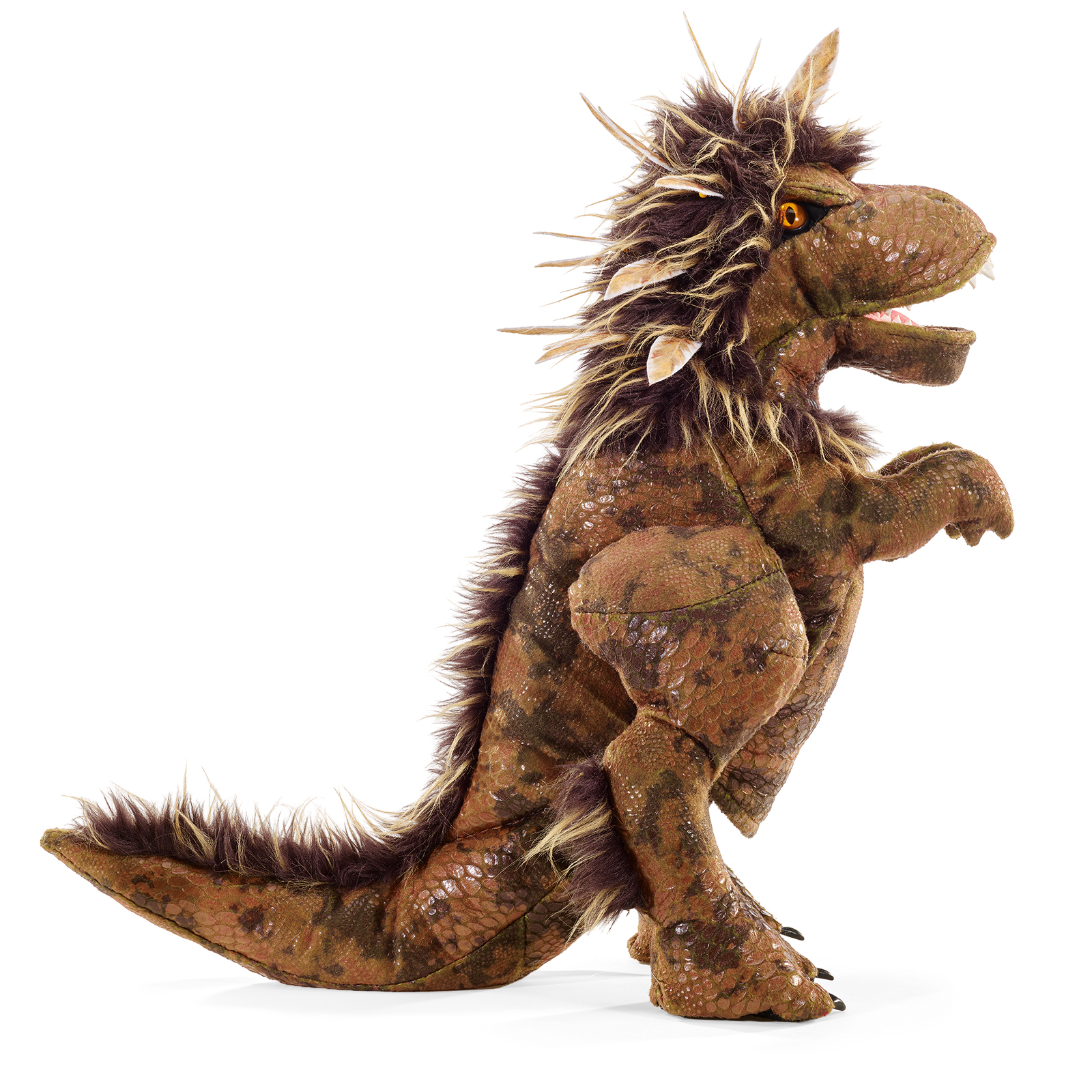Folkmanis feathered Tyrannosaurus Rex hand puppet shown side-on, its short arms bent and the mouth opened wide.