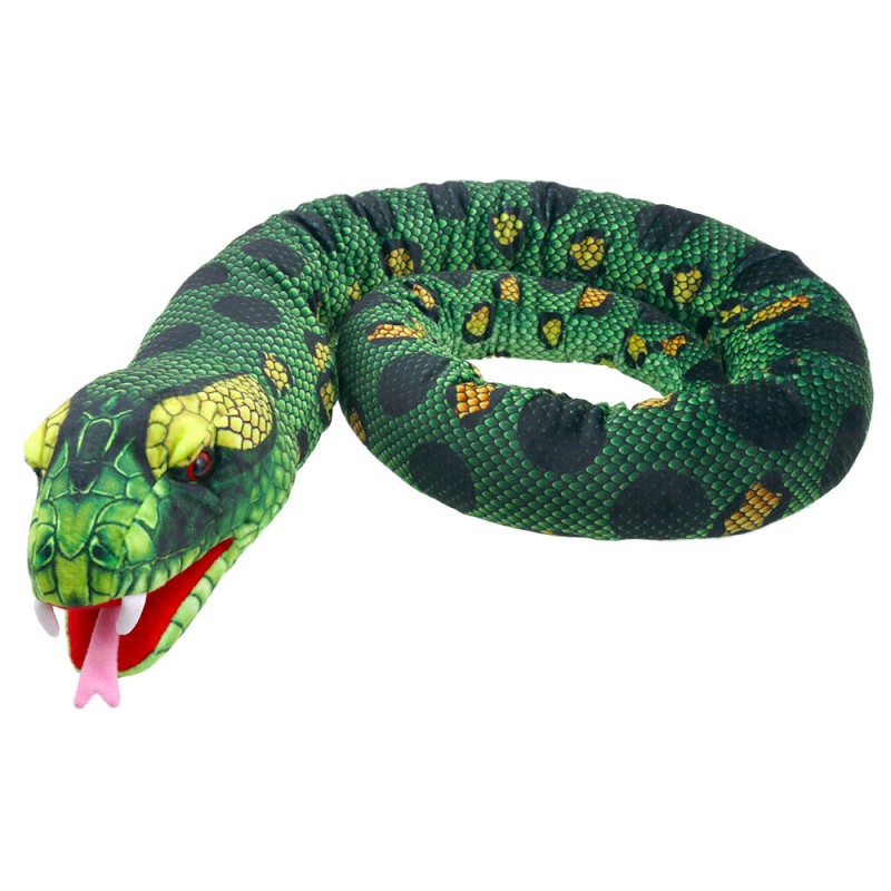 The Puppet Company hand puppet large snake, green and black patterned snake with a red tongue, coiled up