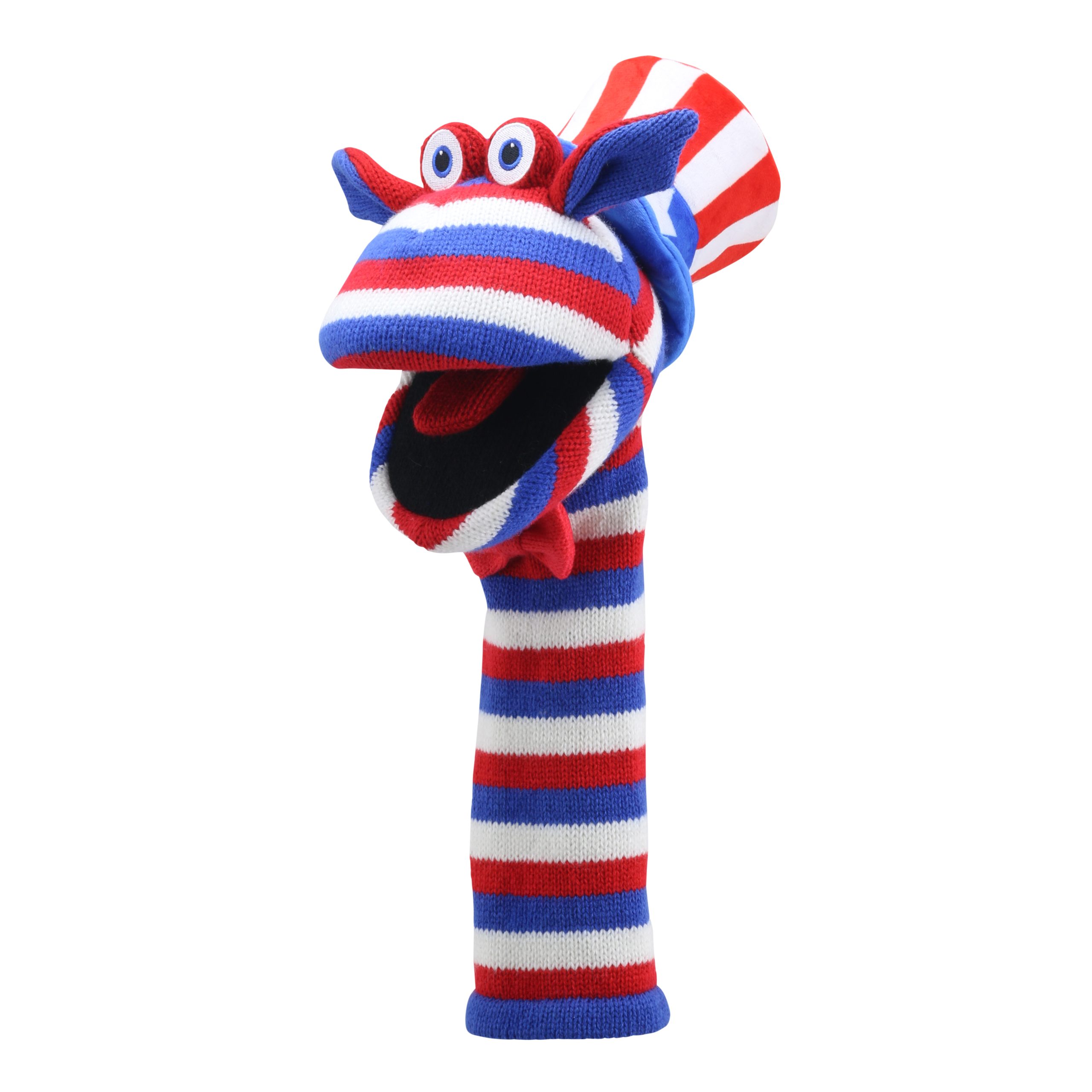 The Puppet Company sock puppet Sammy, red, white and blue striped monster with pointed ears, side view
