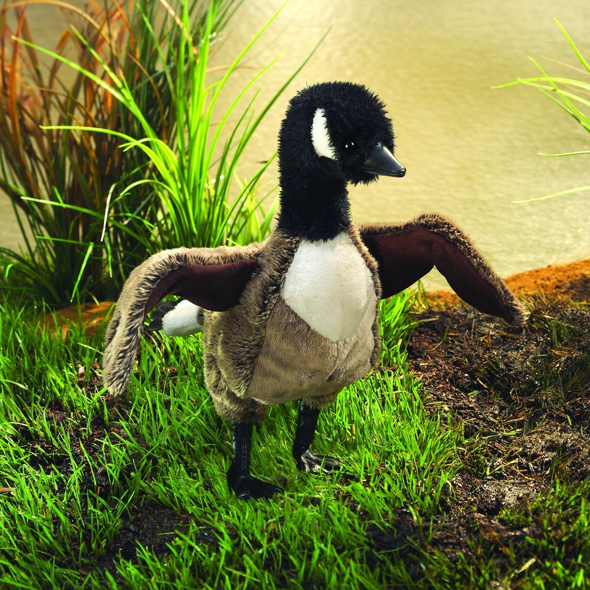 Folkmanis hand puppet Canada goose with black neck, white cheek patch and spread wings, standing on a riverbank