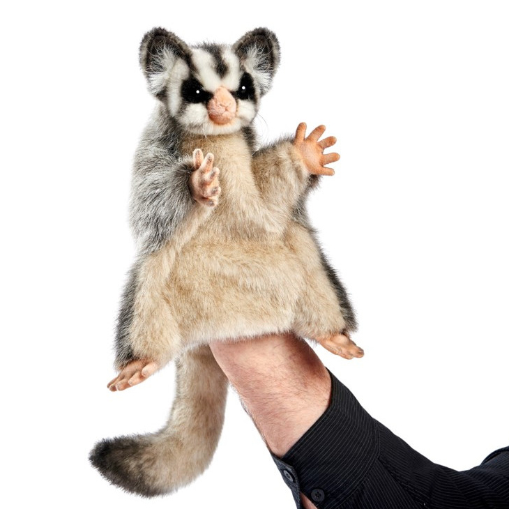 Sugar glider hand puppet by Hansa Creation with grey-beige fur, dark head markings and a bushy tail