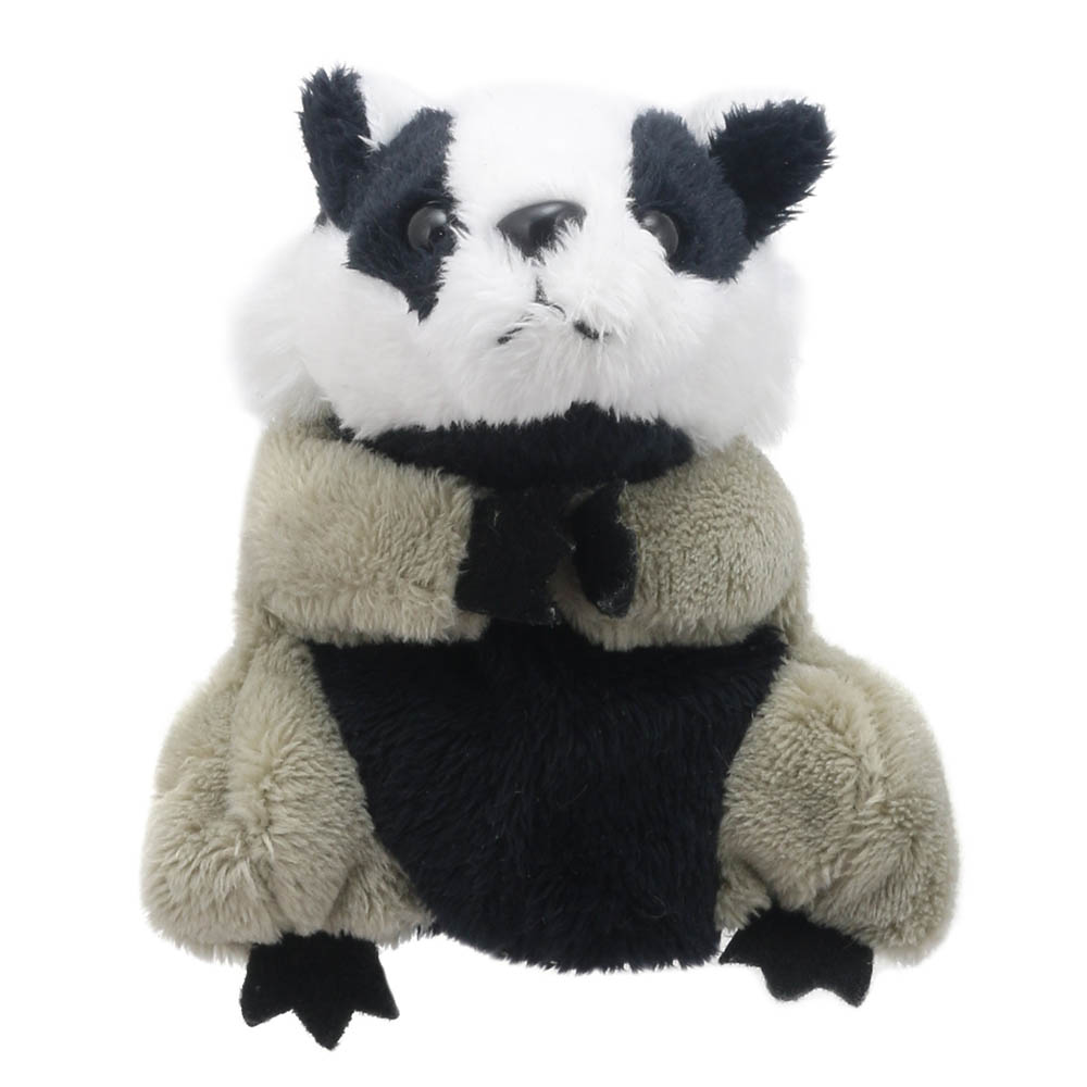 The Puppet Company finger puppet badger, black and white badger with long fabric legs