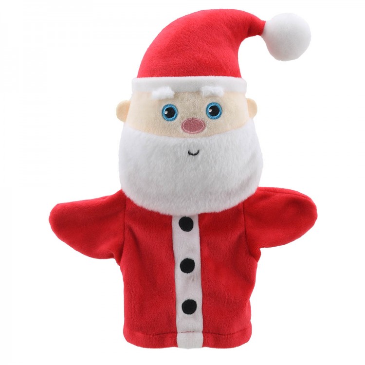 The Puppet Company baby hand puppet Santa Claus, red puppet with a white beard and pointed hat, front view