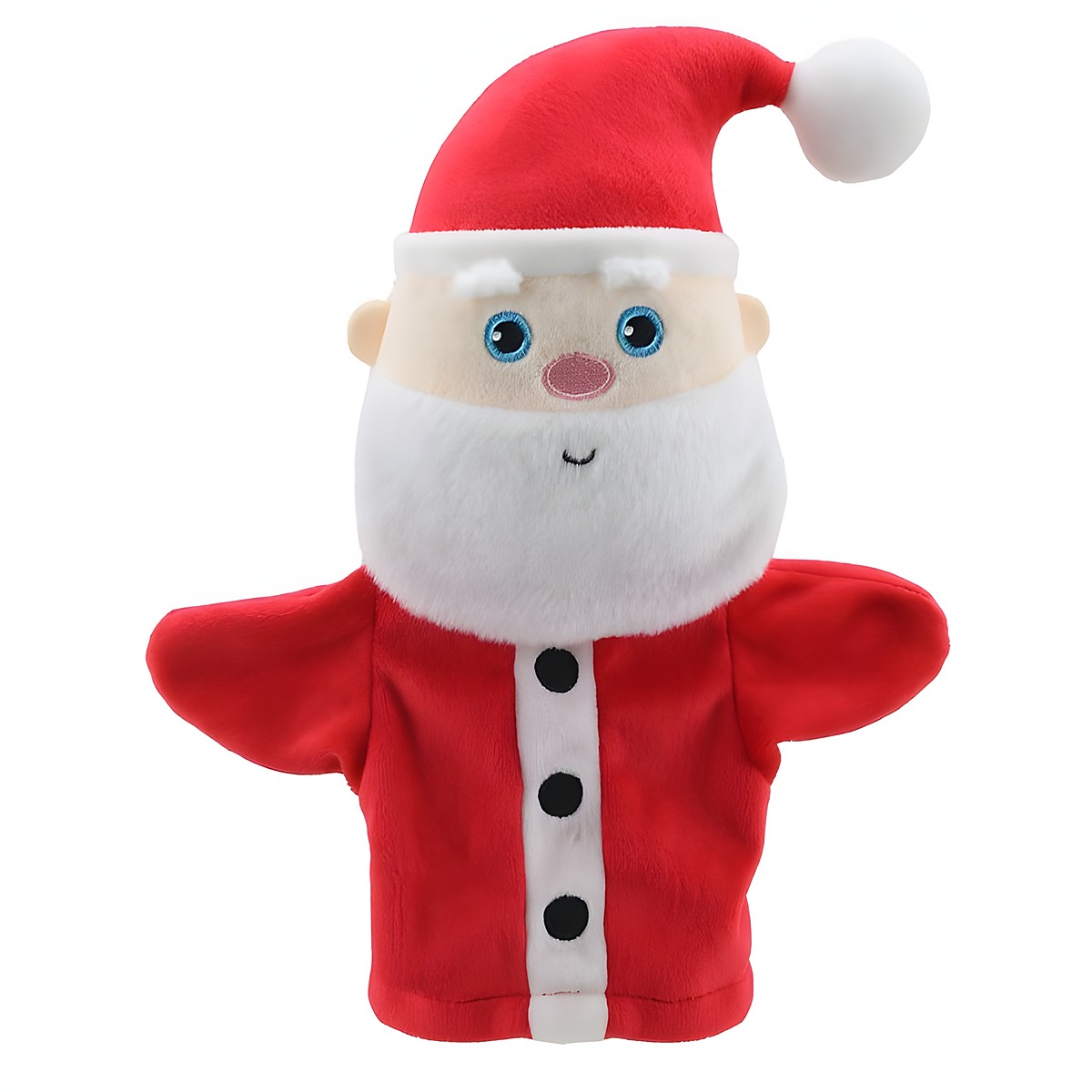 The Puppet Company baby hand puppet Santa Claus, red puppet with a white beard and pointed hat, front view
