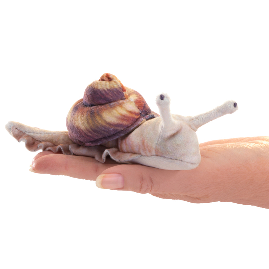 Folkmanis Mini Snail finger puppet with marbled purple-brown shell on a hand, side view