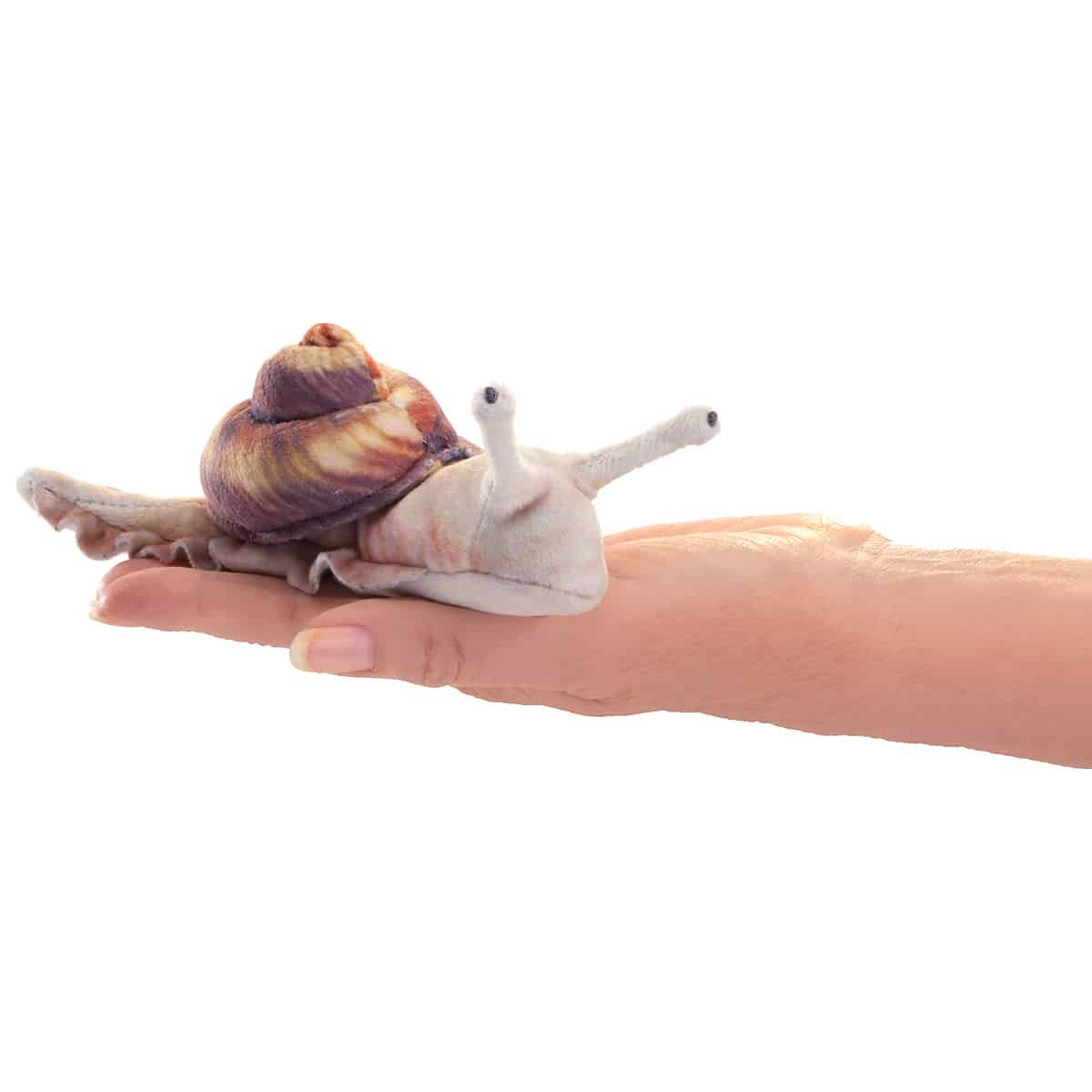 Folkmanis Mini Snail finger puppet with marbled purple-brown shell on a hand, side view