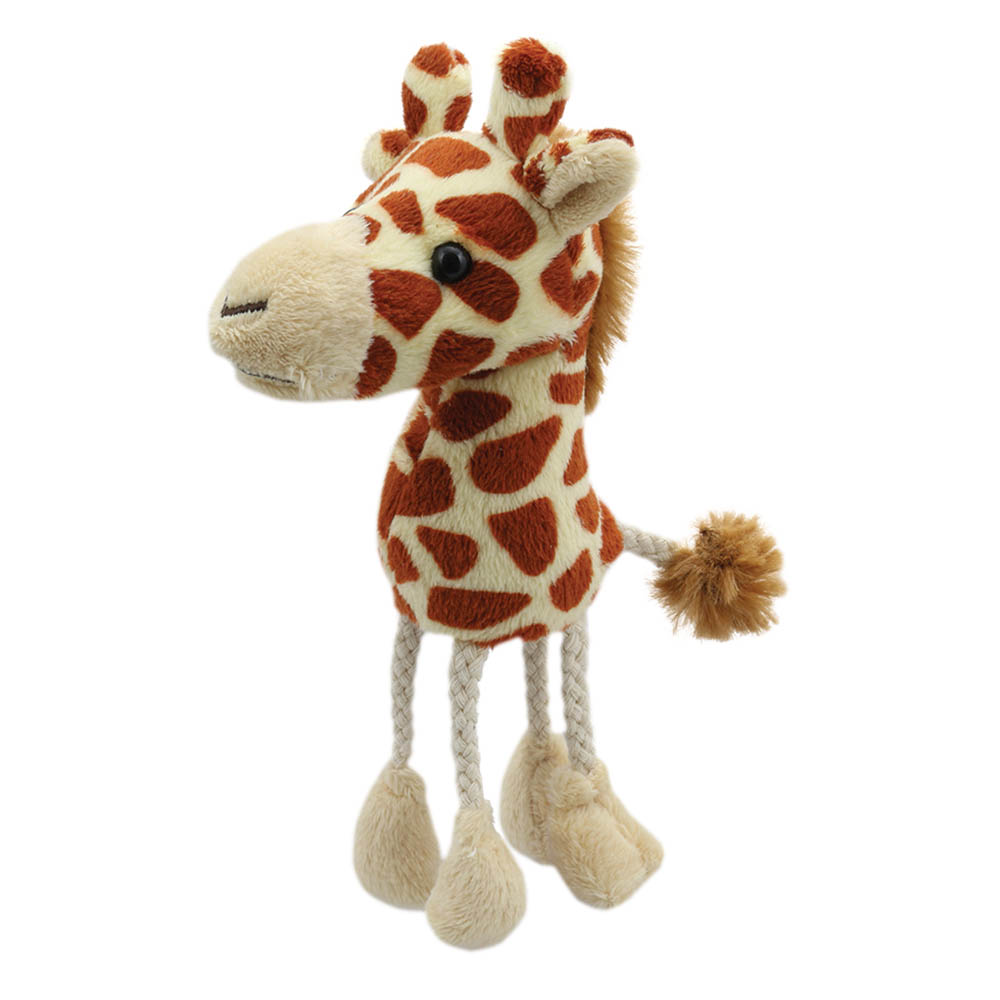 The Puppet Company finger puppet giraffe, beige and brown spotted animal with a long neck and long fabric legs