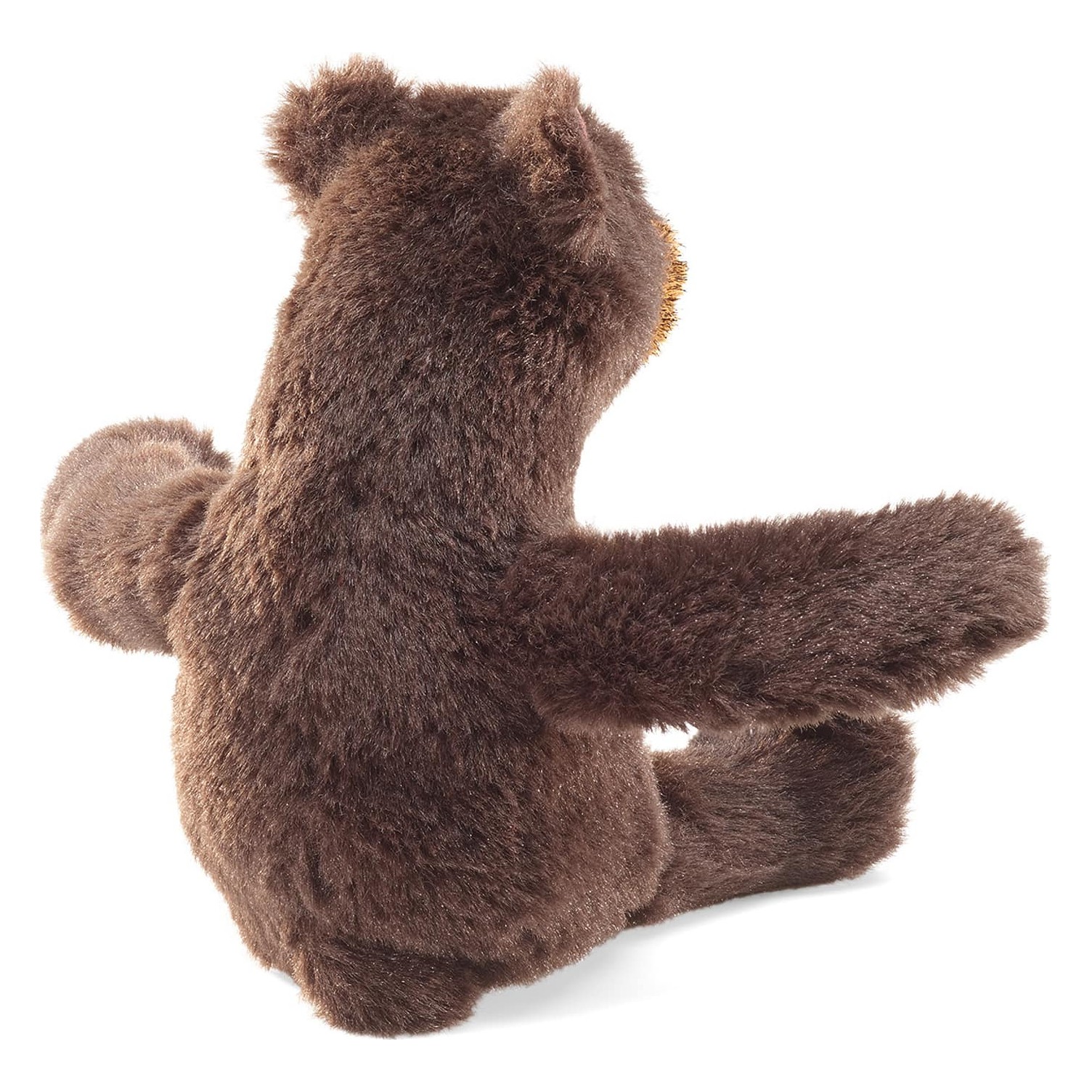 Folkmanis mini sitting bear finger puppet in dark brown plush, rear view with arms outstretched