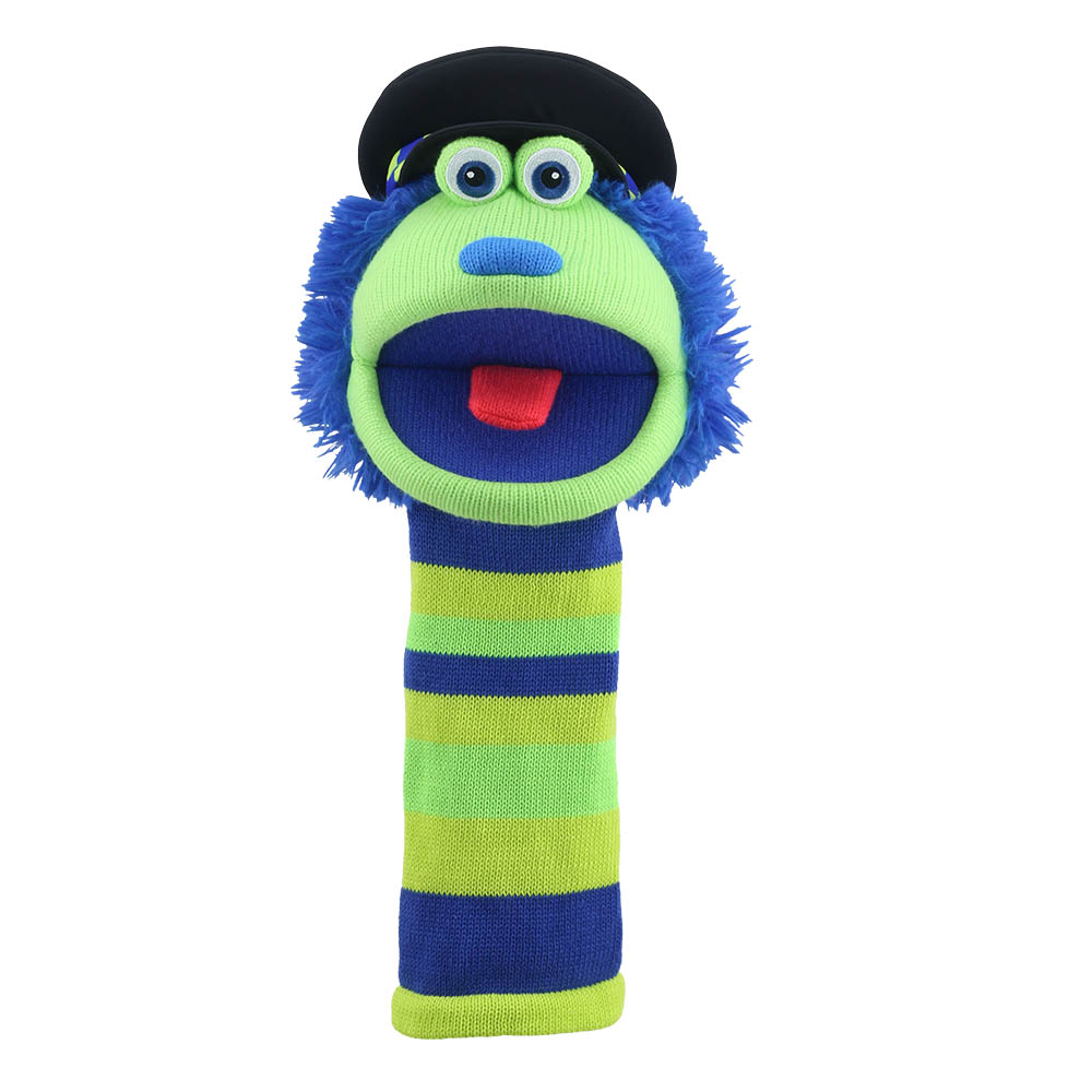 Puppet Company Bobby monster sock puppet, knitted figure of the British policeman with blue and green striped body, blue fringed mane, black police cap and red tongue, front view
