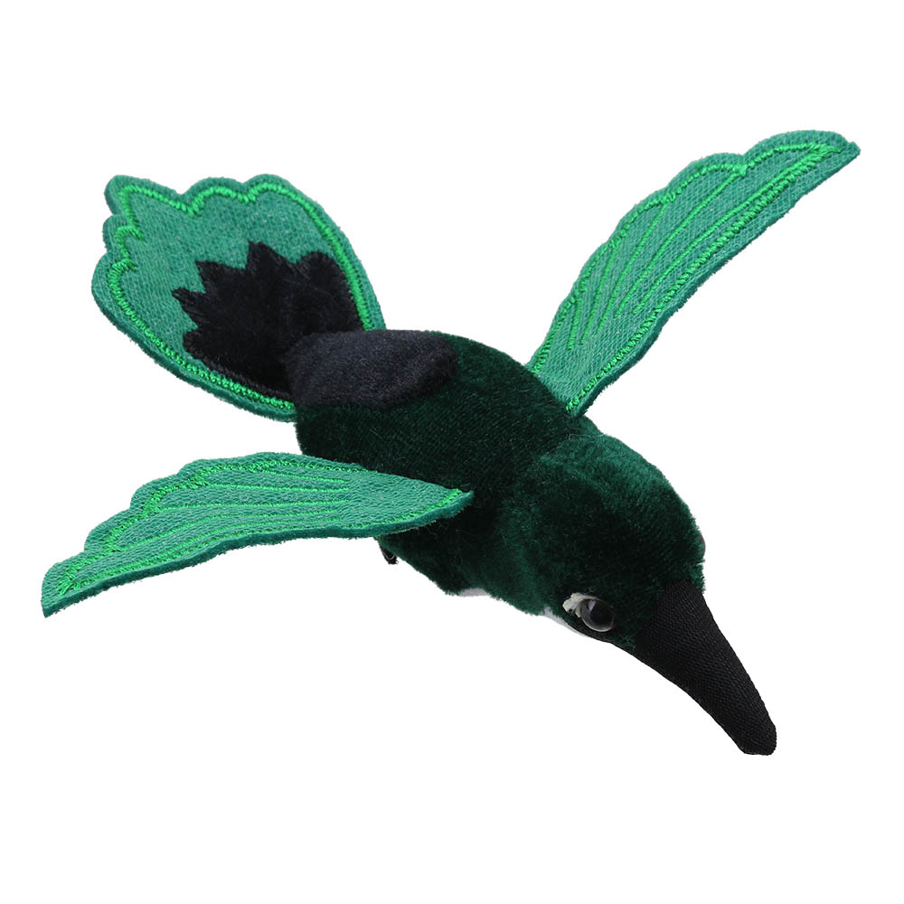 The Puppet Company finger puppet hummingbird, green hummingbird with a black head, wings raised upward