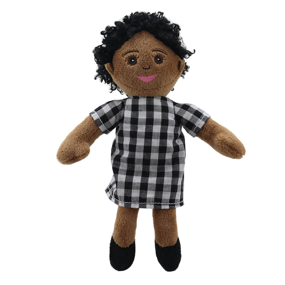 The Puppet Company finger puppet Mum, dark-skinned puppet with black curly hair and a checked dress