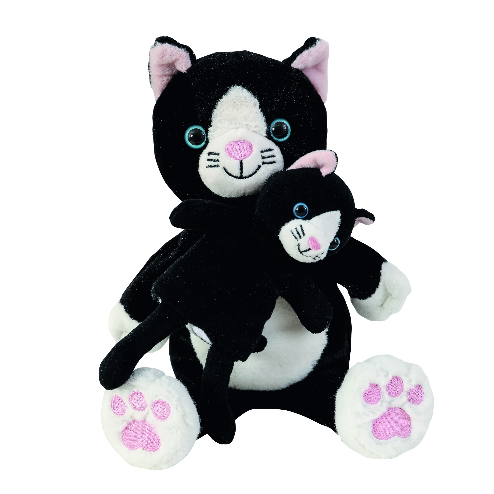 Beleduc story hand puppet cat Cara with finger puppet Mimi, black and white cat hand puppet with pink paw pattern and a smaller cat at the front