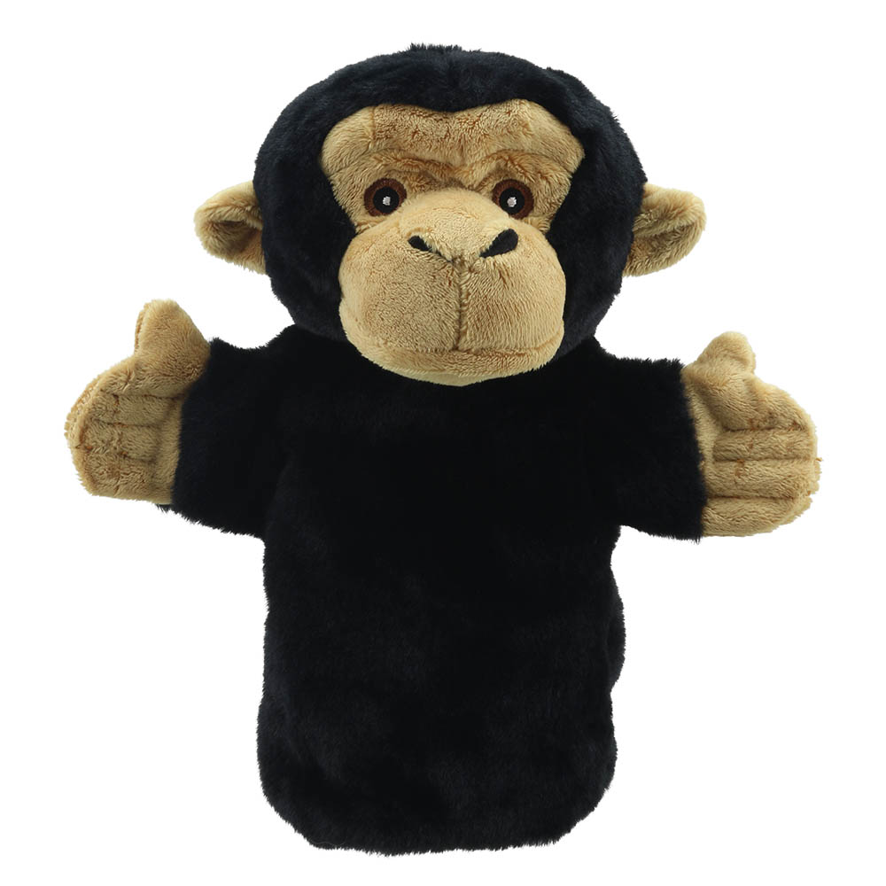 The Puppet Company baby hand puppet chimpanzee, black ape with a beige face and beige palms