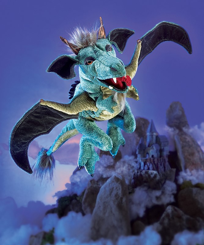 Folkmanis hand puppet Sky Dragon in teal-green with black wings, open mouth and grey tuft of hair, flying against a cloudy backdrop