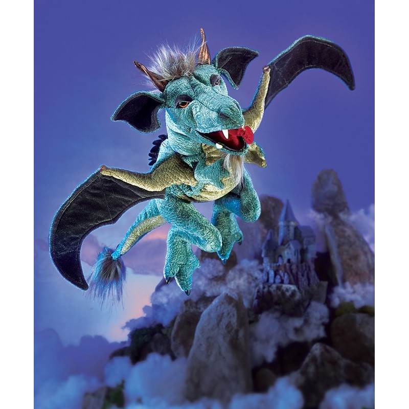 Folkmanis hand puppet Sky Dragon in teal-green with black wings, open mouth and grey tuft of hair, flying against a cloudy backdrop
