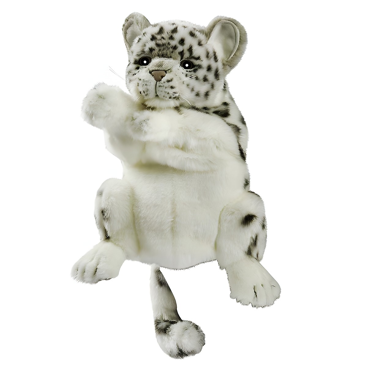 Snow leopard hand puppet by Hansa Creation with white-grey spotted fur and a thick spotted tail