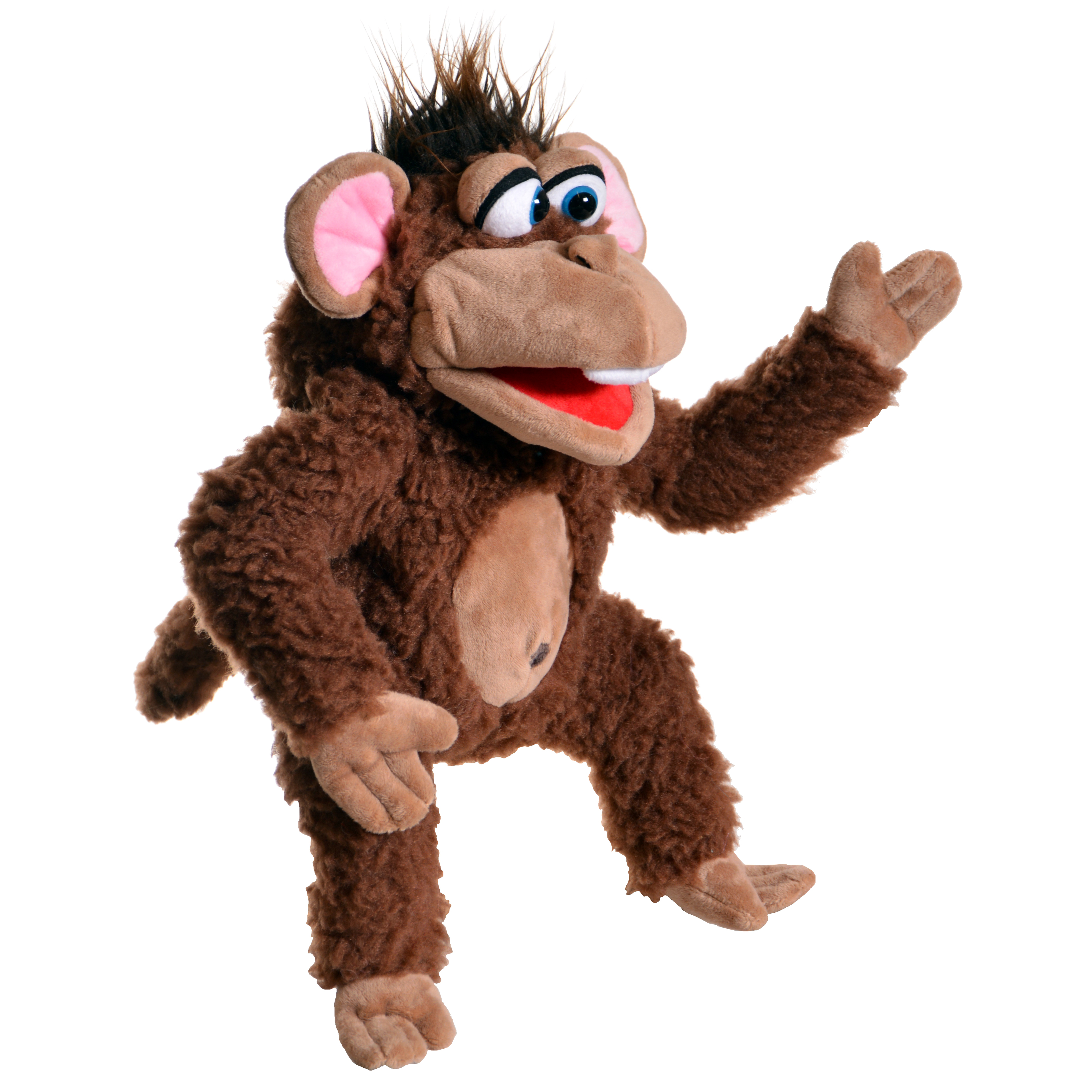 Living Puppets hand puppet Fuzius the monkey in side view, waving