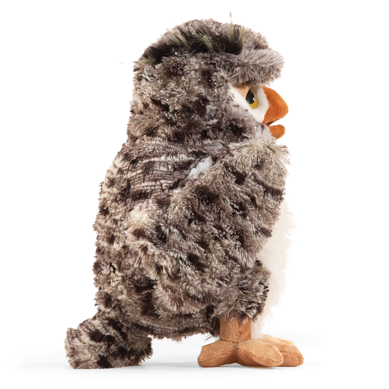 Folkmanis hand puppet wise owl with brown-grey patterned plush plumage, orange beak and claws, side view