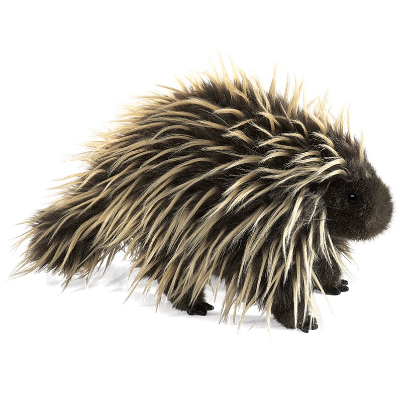 Folkmanis porcupine hand puppet in side view with a dark brown body and long cream-coloured quills