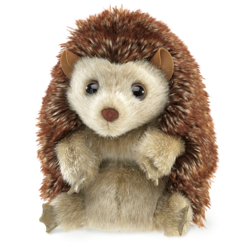 Folkmanis hedgehog hand puppet with brown-speckled spiny back and cream-coloured belly fur, front view on white background