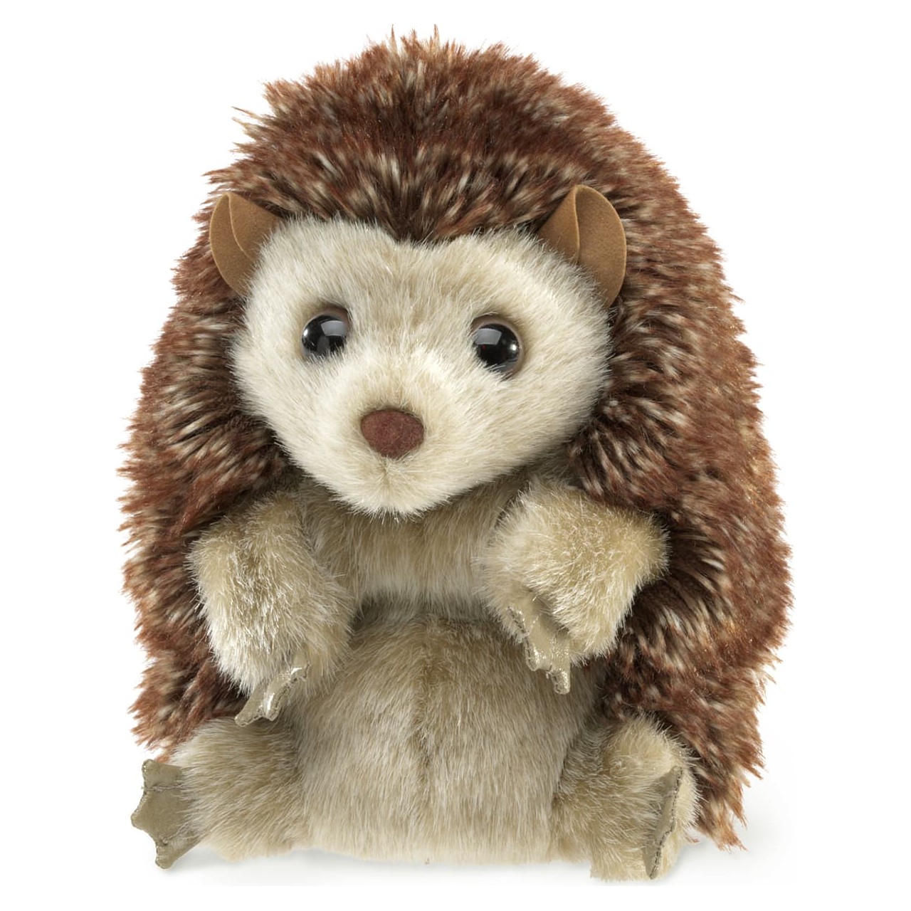 Folkmanis hedgehog hand puppet with brown-speckled spiny back and cream-coloured belly fur, front view on white background