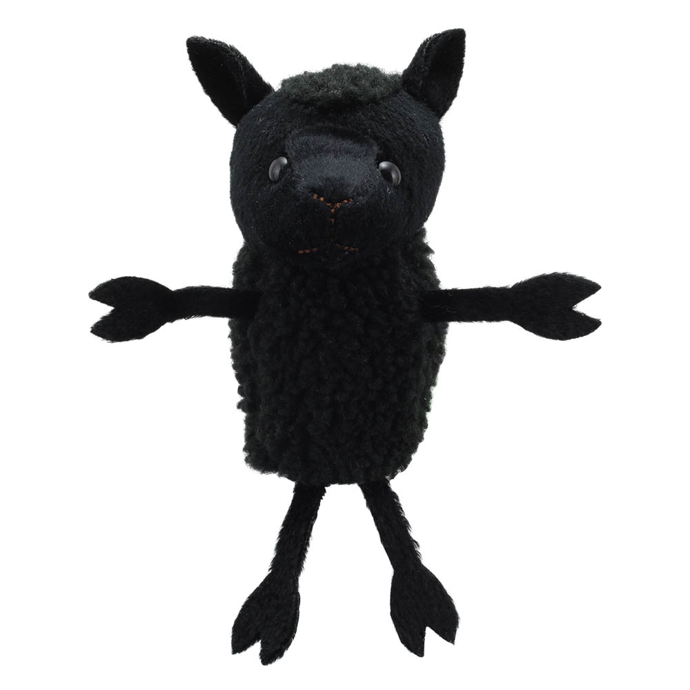 The Puppet Company finger puppet sheep, black puppet with curly fleece and long fabric legs