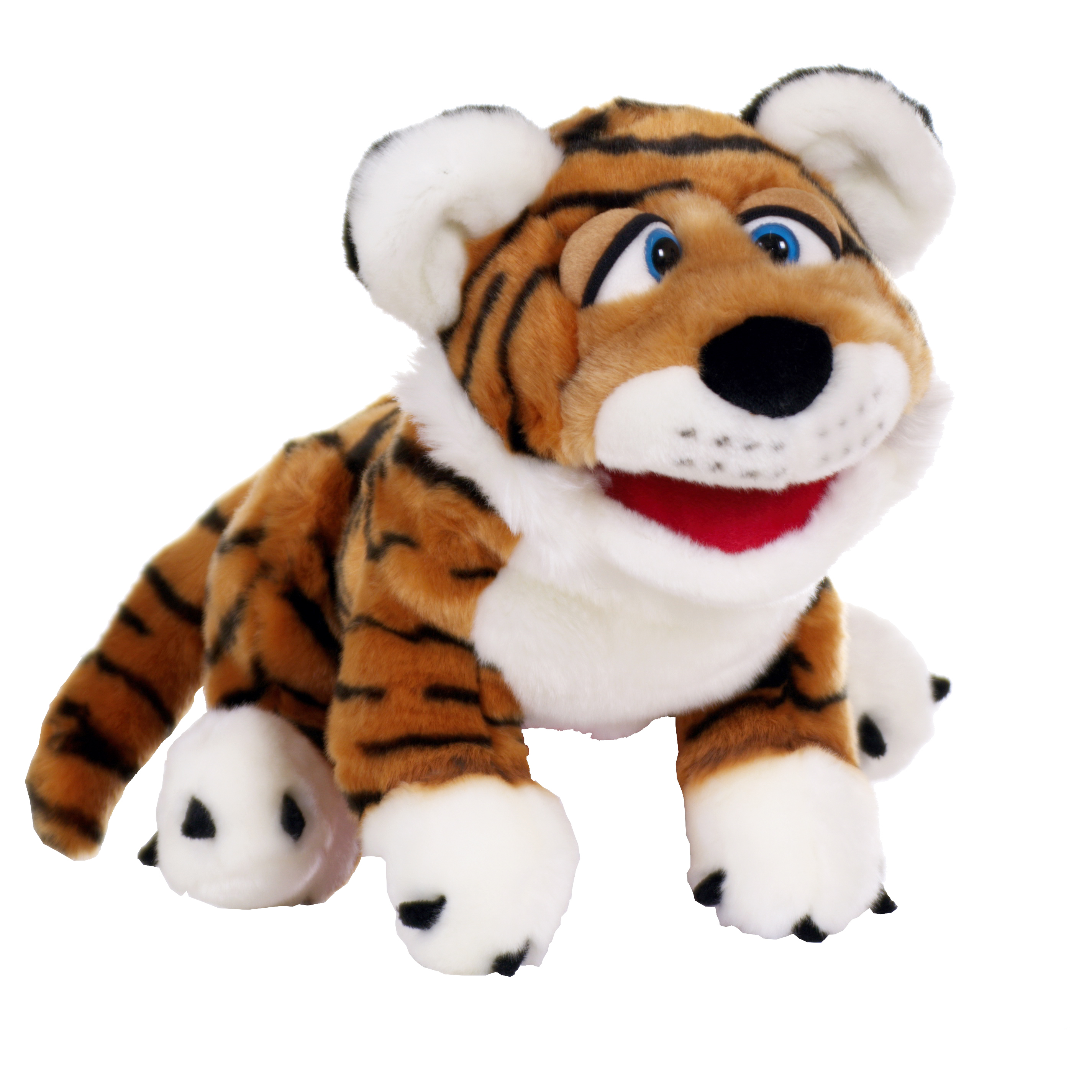 Living Puppets hand puppet Paco the tiger with striped fur and an open mouth, lying down, side view