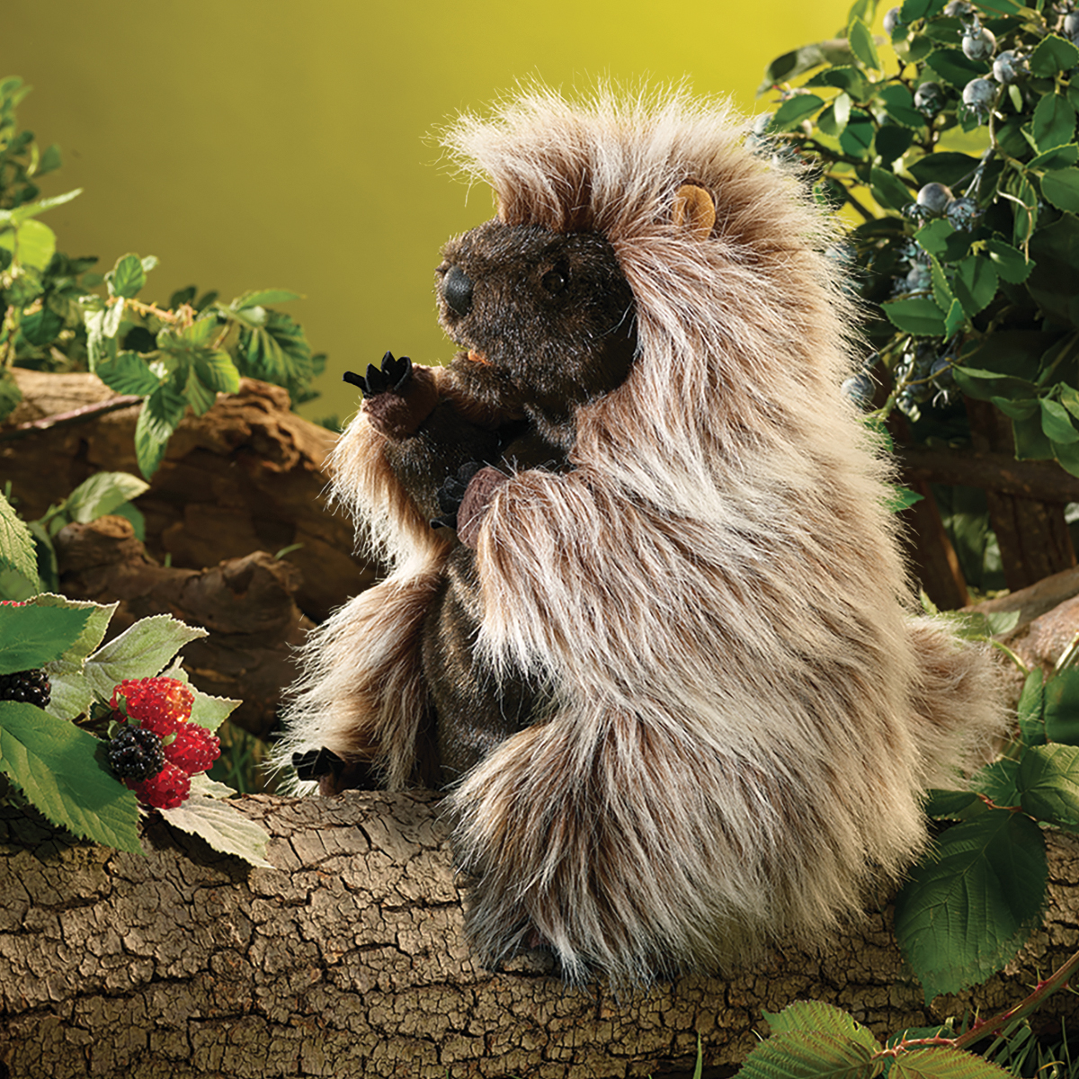Folkmanis standing porcupine hand puppet sitting on a branch among berries, its front paws held up to the mouth.