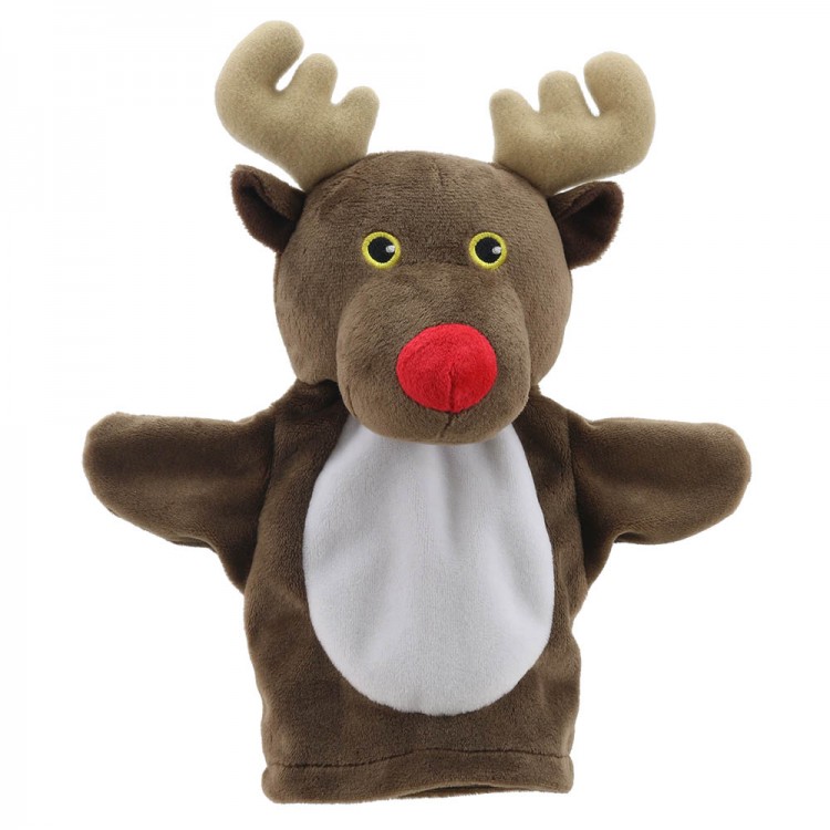 The Puppet Company baby hand puppet reindeer, brown puppet with antlers, a red nose and a white belly, front view