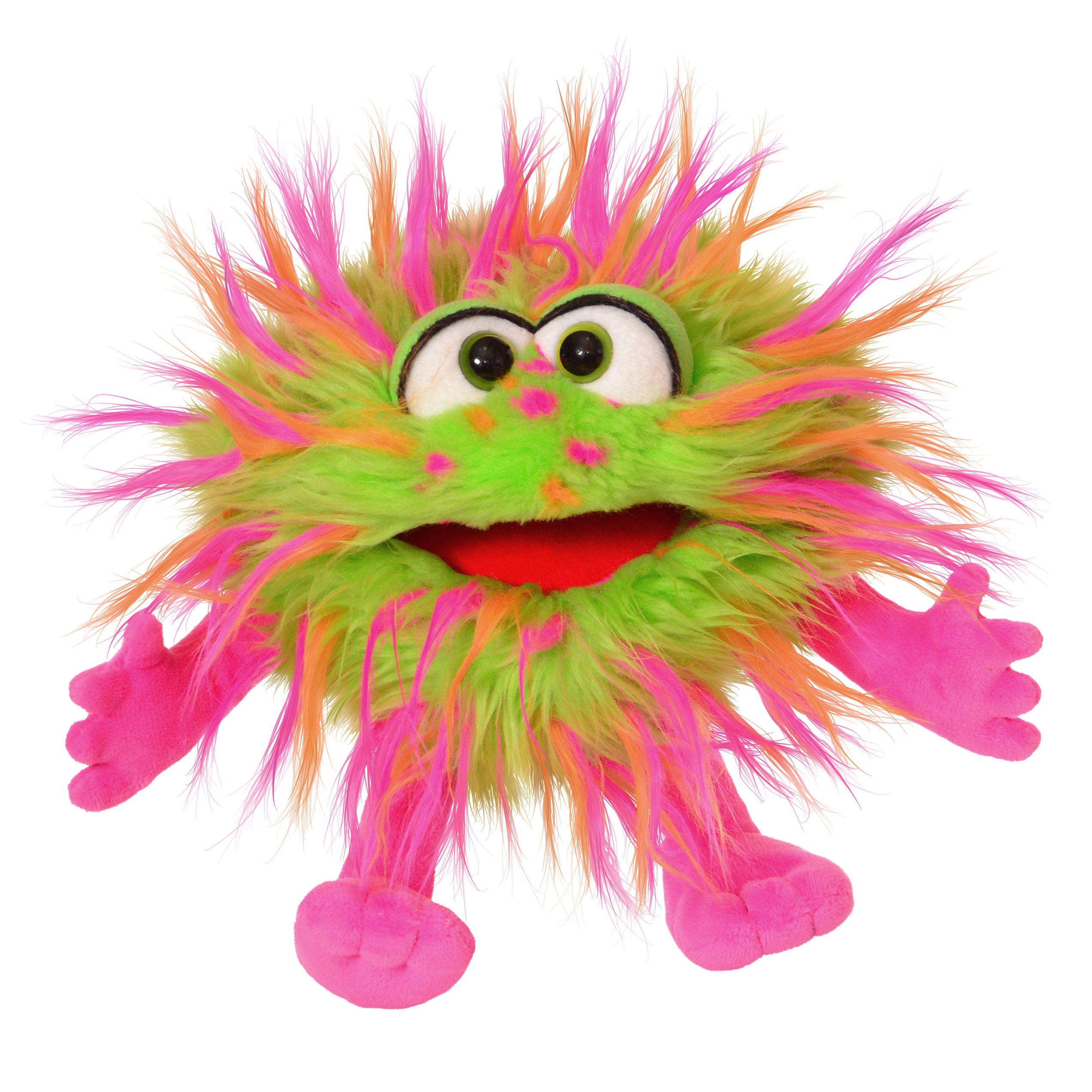 Living Puppets hand puppet Knibbles, green shaggy monster with pink and orange strands, pink hands and feet and an open red mouth