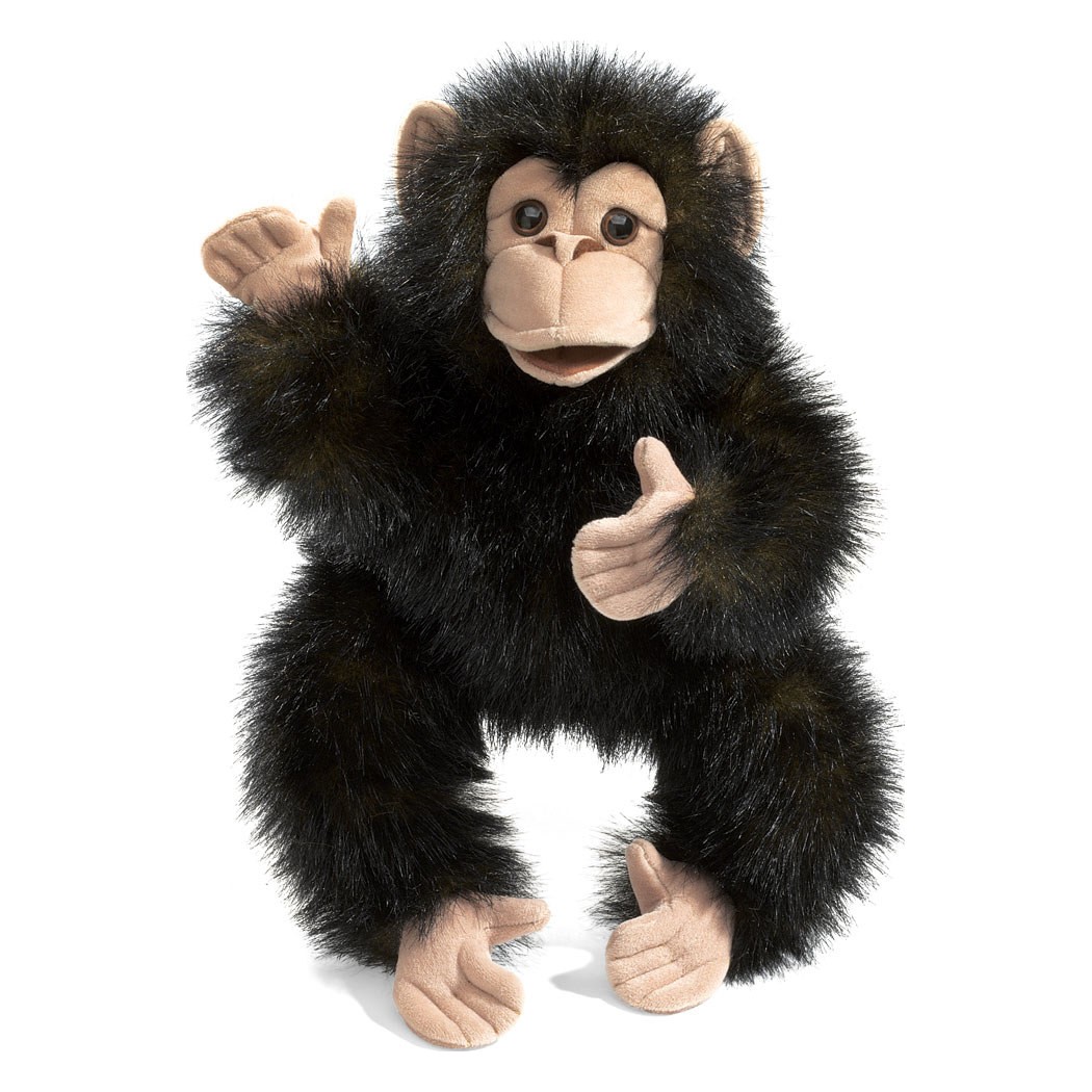 Folkmanis baby chimpanzee hand puppet with black plush fur, beige face and movable mouth, front view on white background