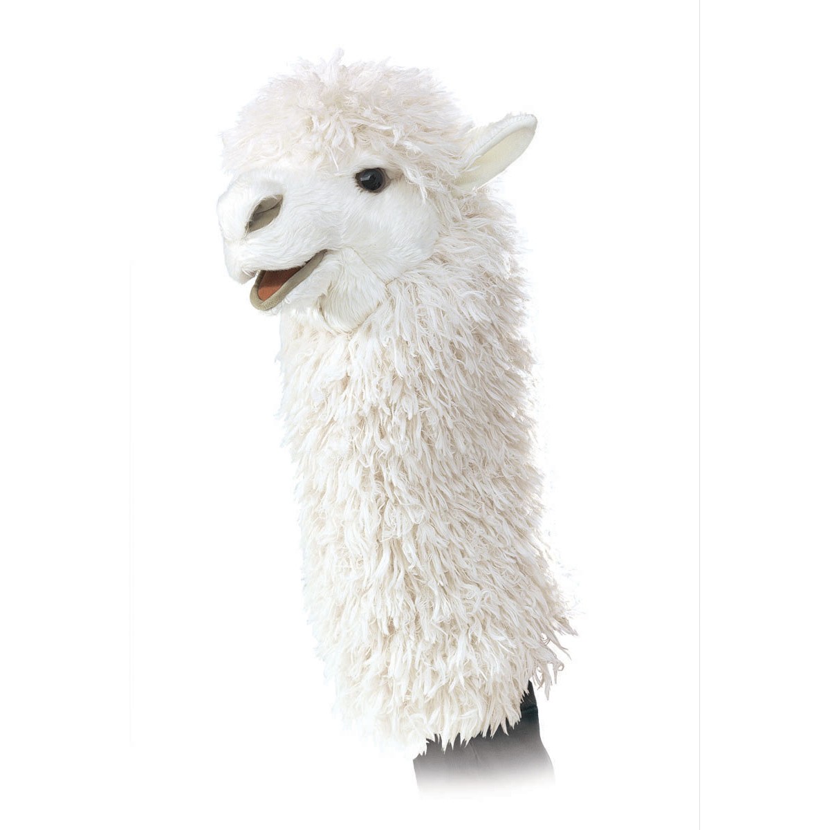 Folkmanis alpaca hand puppet in white with shaggy fur and movable mouth, side view
