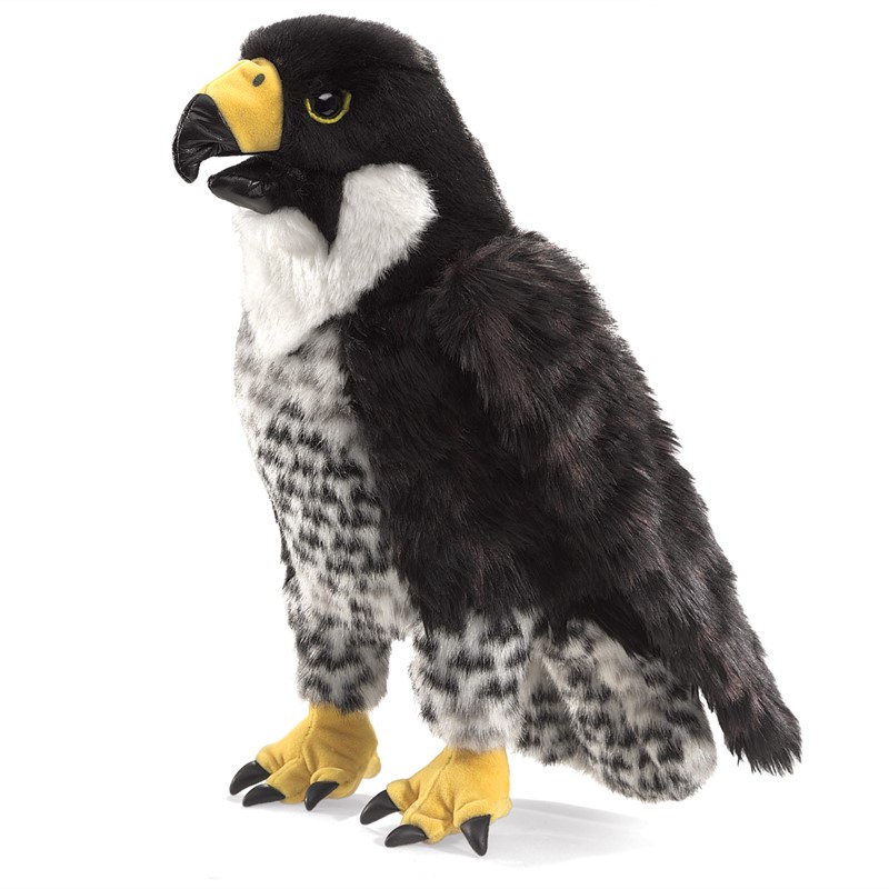 Folkmanis peregrine falcon hand puppet with black plumage, white chest, yellow beak and talons in a standing side view