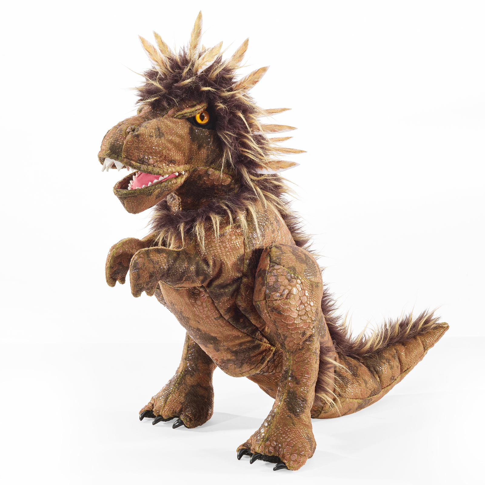 Folkmanis feathered Tyrannosaurus Rex hand puppet, standing in a front view with spiky feathers on its head and an open, toothy mouth.