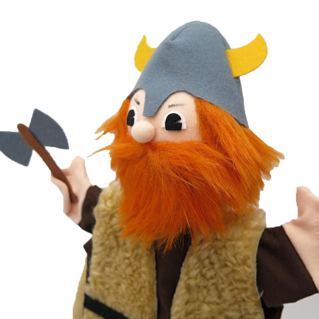 Punch and Judy puppet Viking by munabo in close-up with grey horned helmet, bushy red beard and axe
